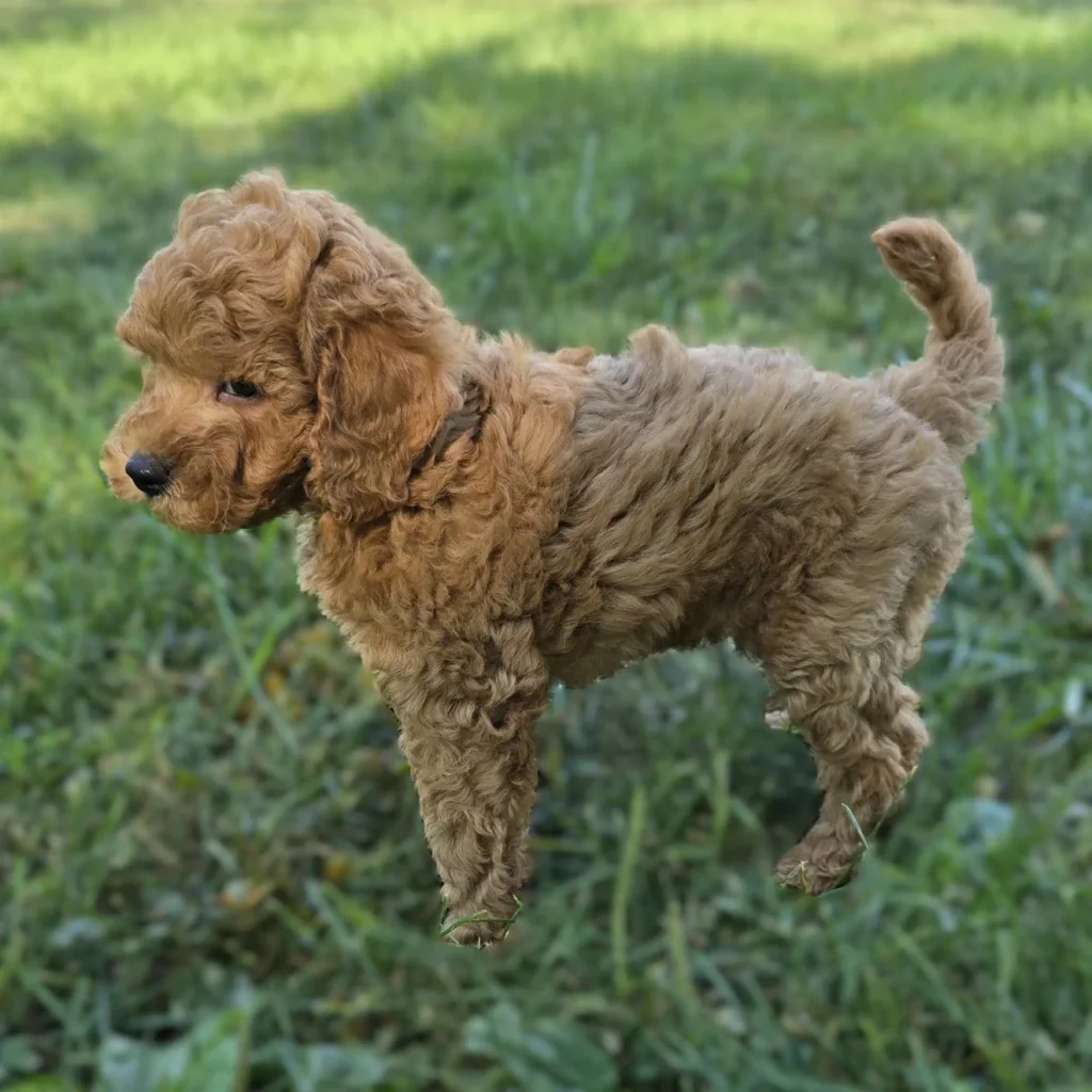 Fluffy brown puppy standing on grass